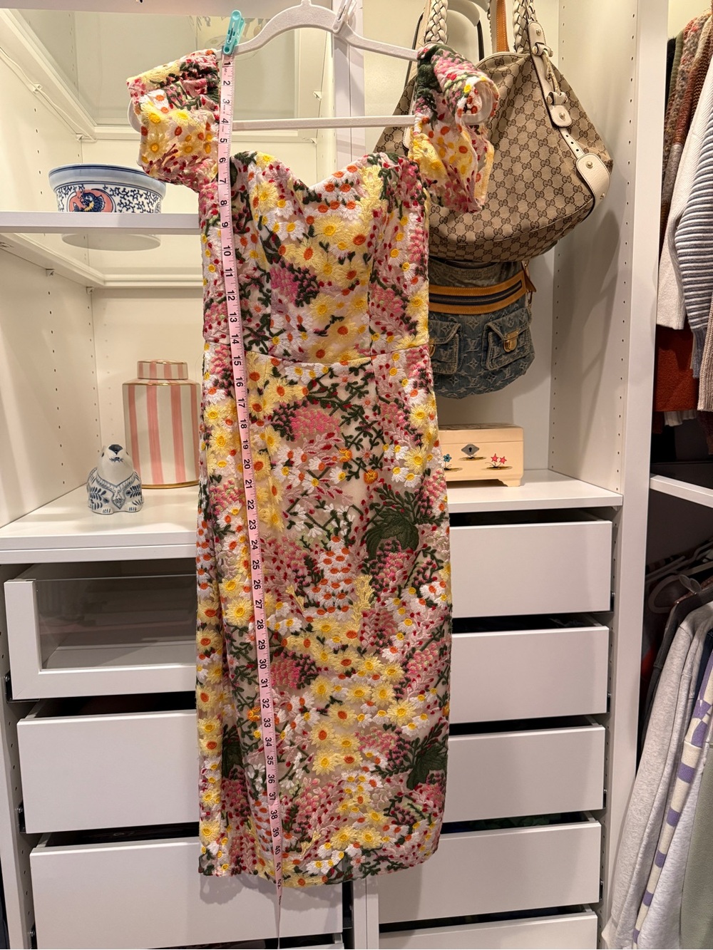 Dress the Population Yellow and Pink Floral Puff-Sleeve Midi Dress